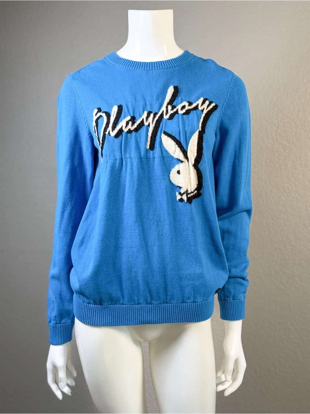 Playboy Blue Bunny Logo Cotton Sweater Y2K Graphic Knit Top Small